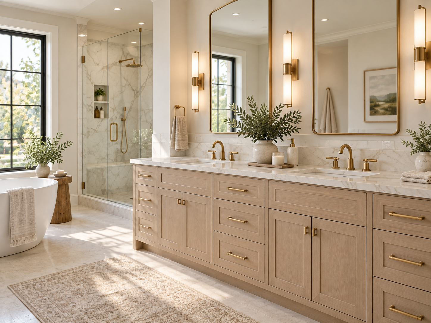 Luxury bathroom with light wood double vanity and stone countertop