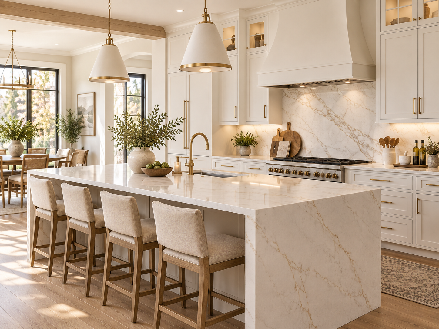 Bright designer kitchen with quality cabinetry and quartz waterfall island