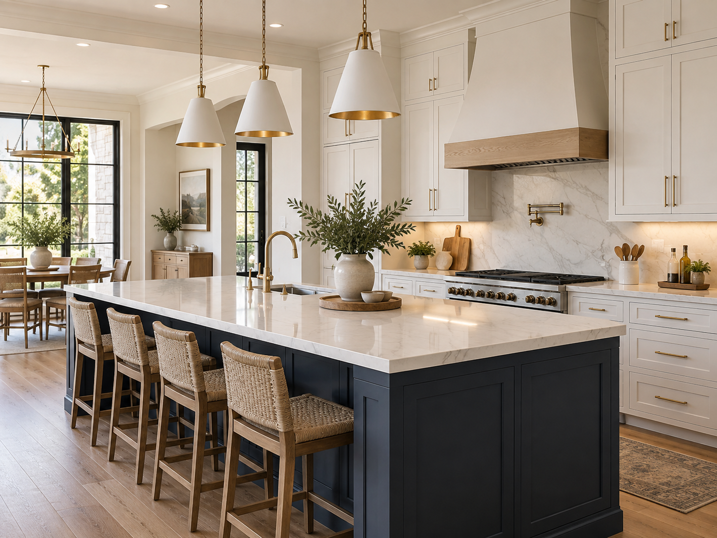 Elegant kitchen with white shaker cabinets, navy island and quartz countertops